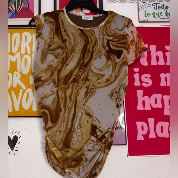 Thread Times New York Tops - Thread Times New York Brown Marble Mesh Ruched Bodysuit NWT 3X